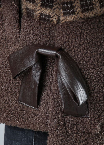 Khaki Peter Pan Collar Pockets Plaid Faux Fur Coats Winter