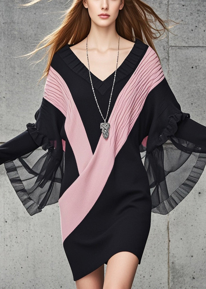 Black V Neck Patchwork Tulle Knit Sweater Dress Fall