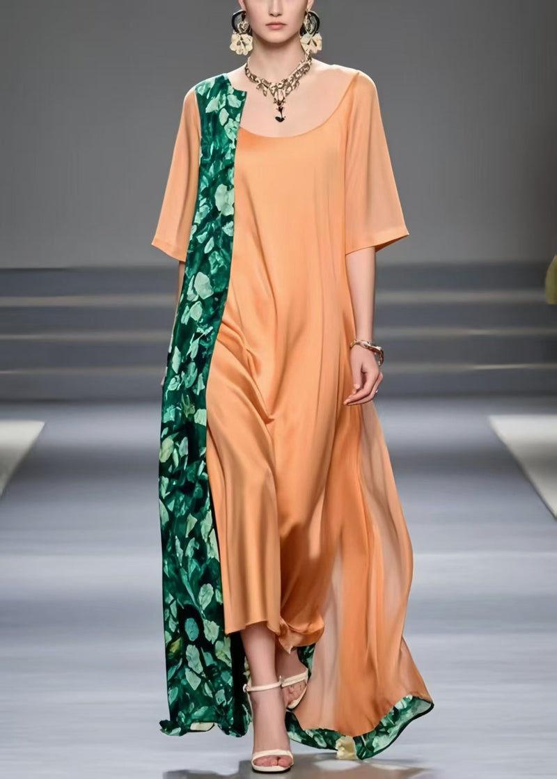 Brick Red Asymmetrical Patchwork Chiffon Dress Summer