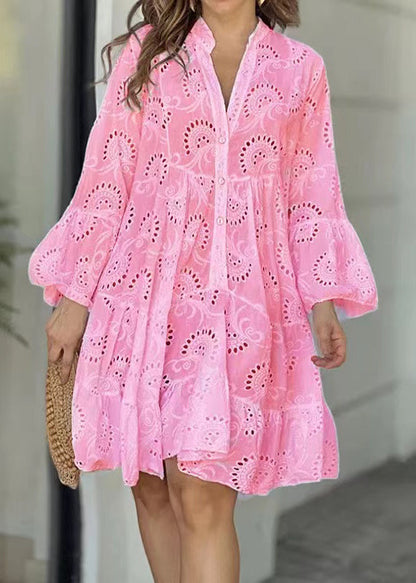 Pink Oversized Hollow Out Cotton Sun Dress Summer