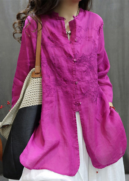 Handmade Black O-neck Embroidered Button Shirt Long Sleeve