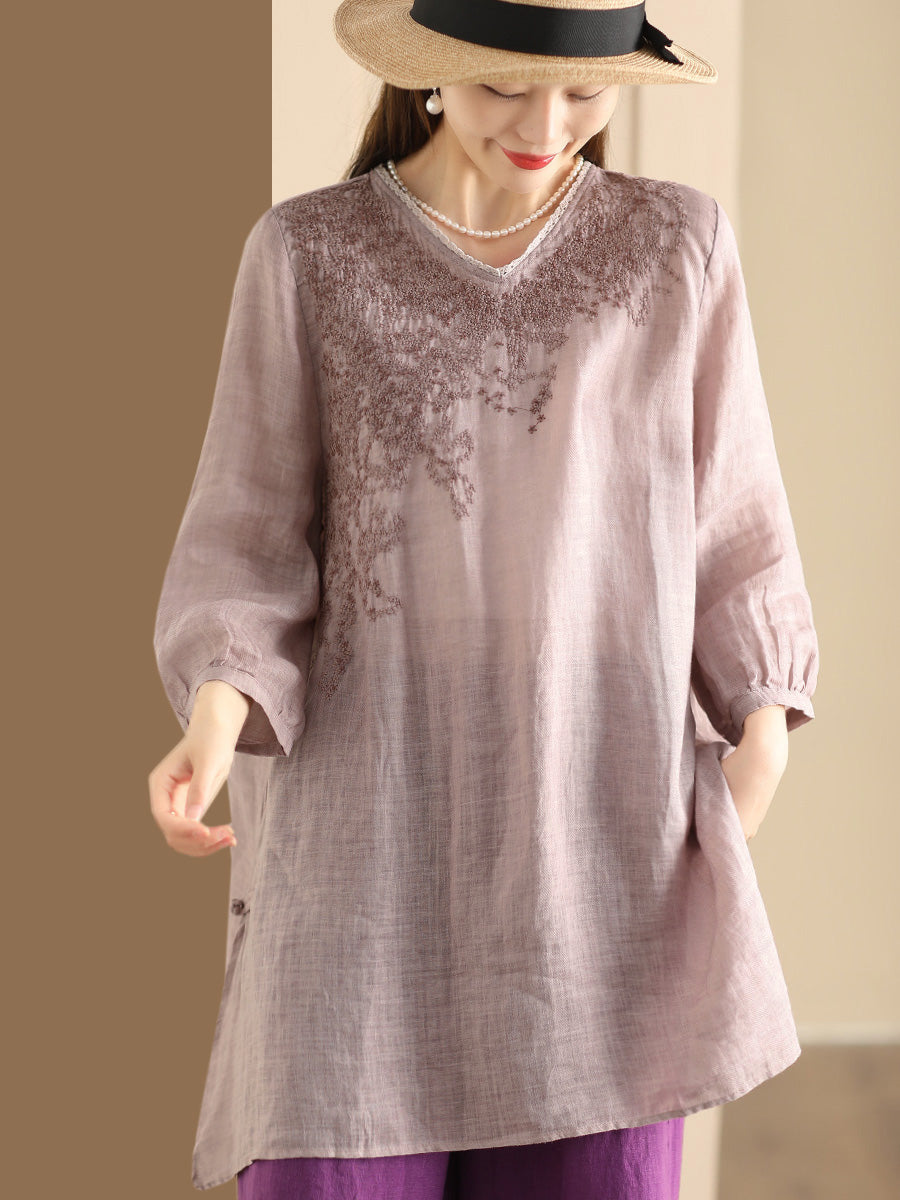 Summer Artsy Embroidery Ramie Long Shirt