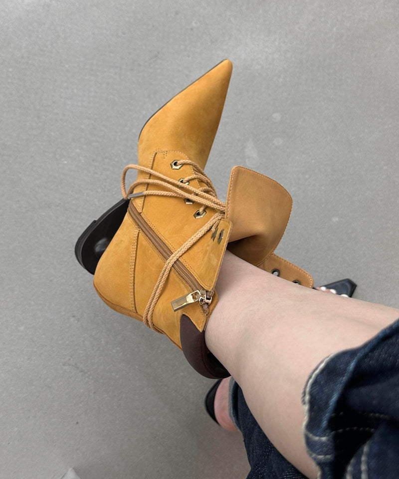 Original Design Yellow Pointed Toe Lace Up Faux Leather Wedge Boots