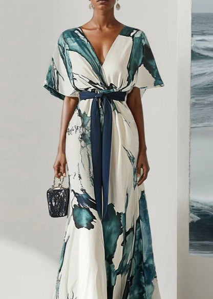 Classy V Neck Print Tie Waist Chiffon Dress Summer