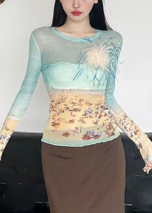 Slim Fit Colorblock O-neck Print Tulle T Shirts Summer