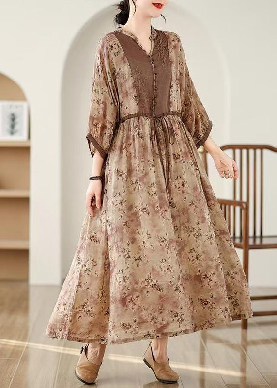 Khaki Print Tie Waist Pockets Cotton Long Dresses Fall