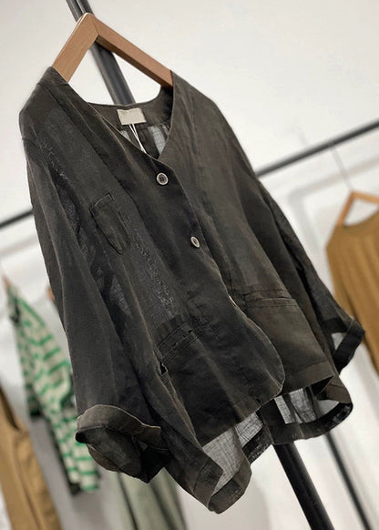 Black Pockets Linen Cardigan V Neck Long Sleeve