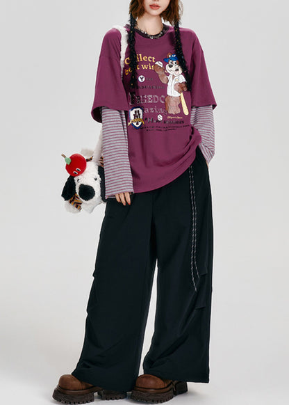Purple Oversized Patchwork Cotton Fake Two Piece Pullover Tops Spring