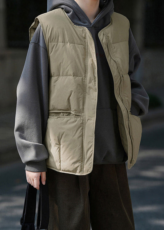 Khaki Green Zip Up Pockets Patchwork Duck Down Vest Sleeveless