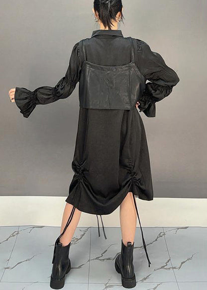 Loose Black Lace Up Waistcoat and Shirts Dresses Cotton Two Pieces Set Butterfly Sleeve