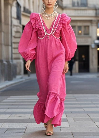 Rose Ruffled Nail Bead Cotton Vacation Dresses Fall