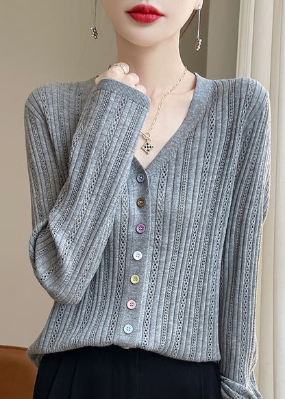 Grey V Neck Button Hollow Out Knit Top Fall