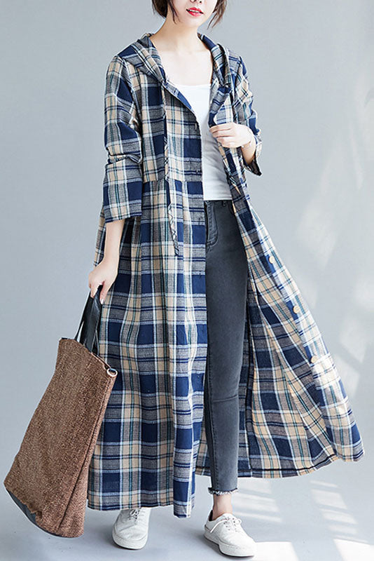 Cotton Linen Plaid Dress Hooded Cardigan