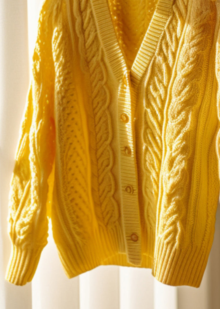 Yellow Hollow Out Button Knit Cardigans Fall