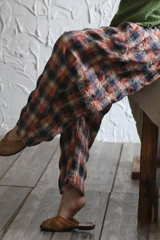 Plaid Loose Linen Wide Leg Pants