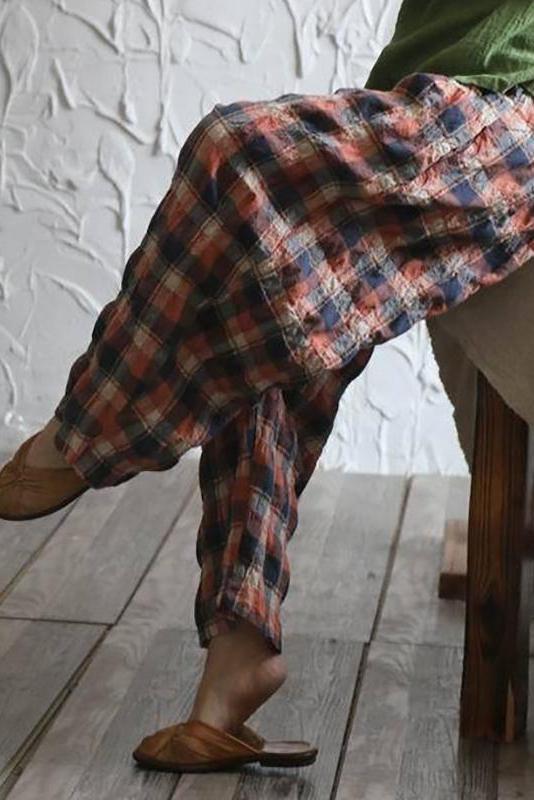 Plaid Loose Linen Wide Leg Pants