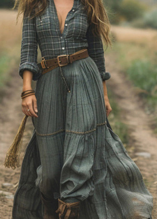 Green Plaid Patchwork Cotton Long Dress Fall