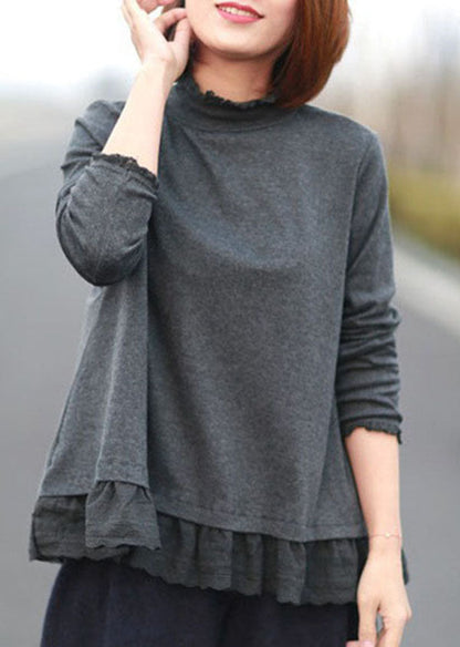 Chocolate Stand Collar Patchwork Ruffles Cotton Tops Spring