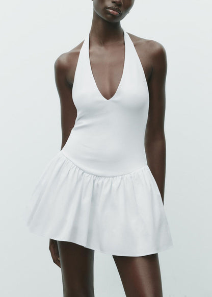 White Wrinkled Cotton Mini Dress Backless Summer