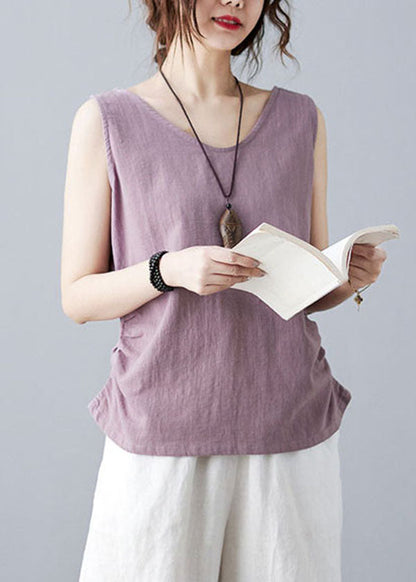 Purple V Neck Wrinkled Color Linen Vests Sleeveless