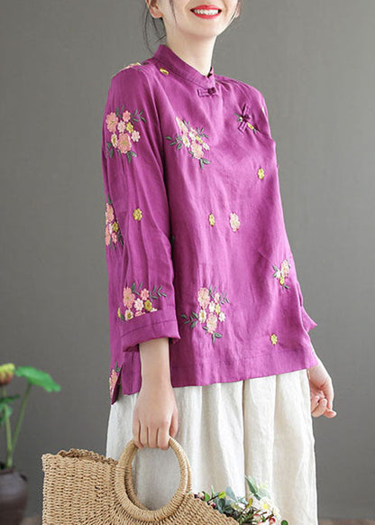 Purple Stand Collar Embroidered Patchwork Cotton Top Spring