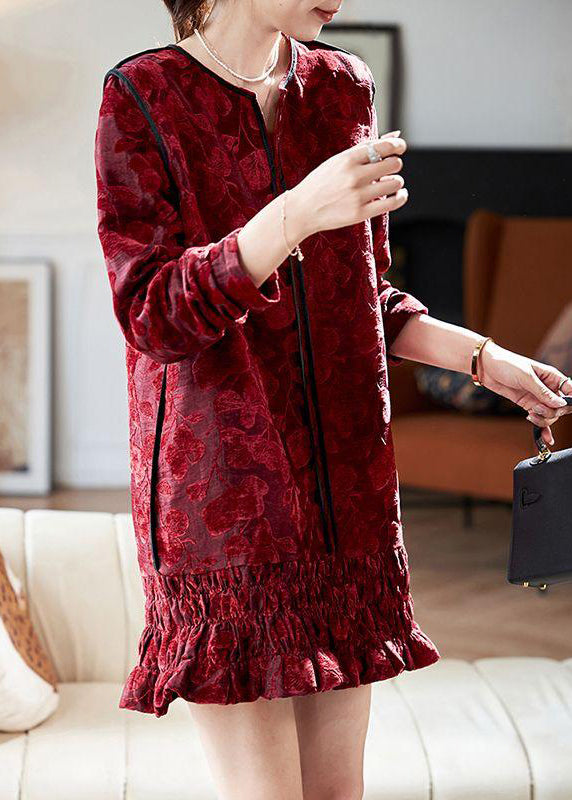 Red V Neck Ruffled Silk Velvet Vacation Mid Dresses Long Sleeve