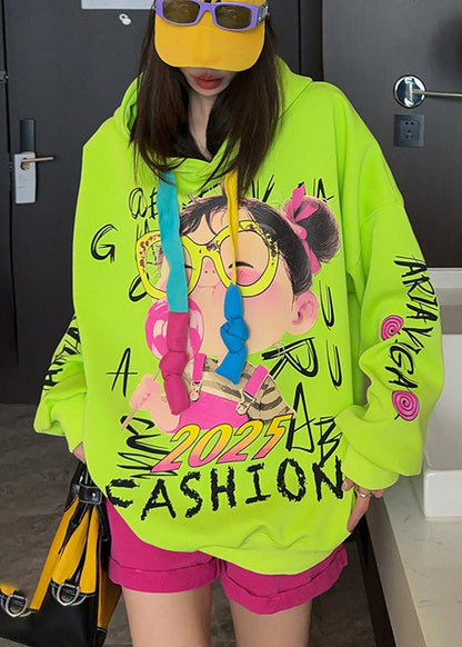 Oversized Black Hooded Cartoon Print Cotton Sweatshirt Spring