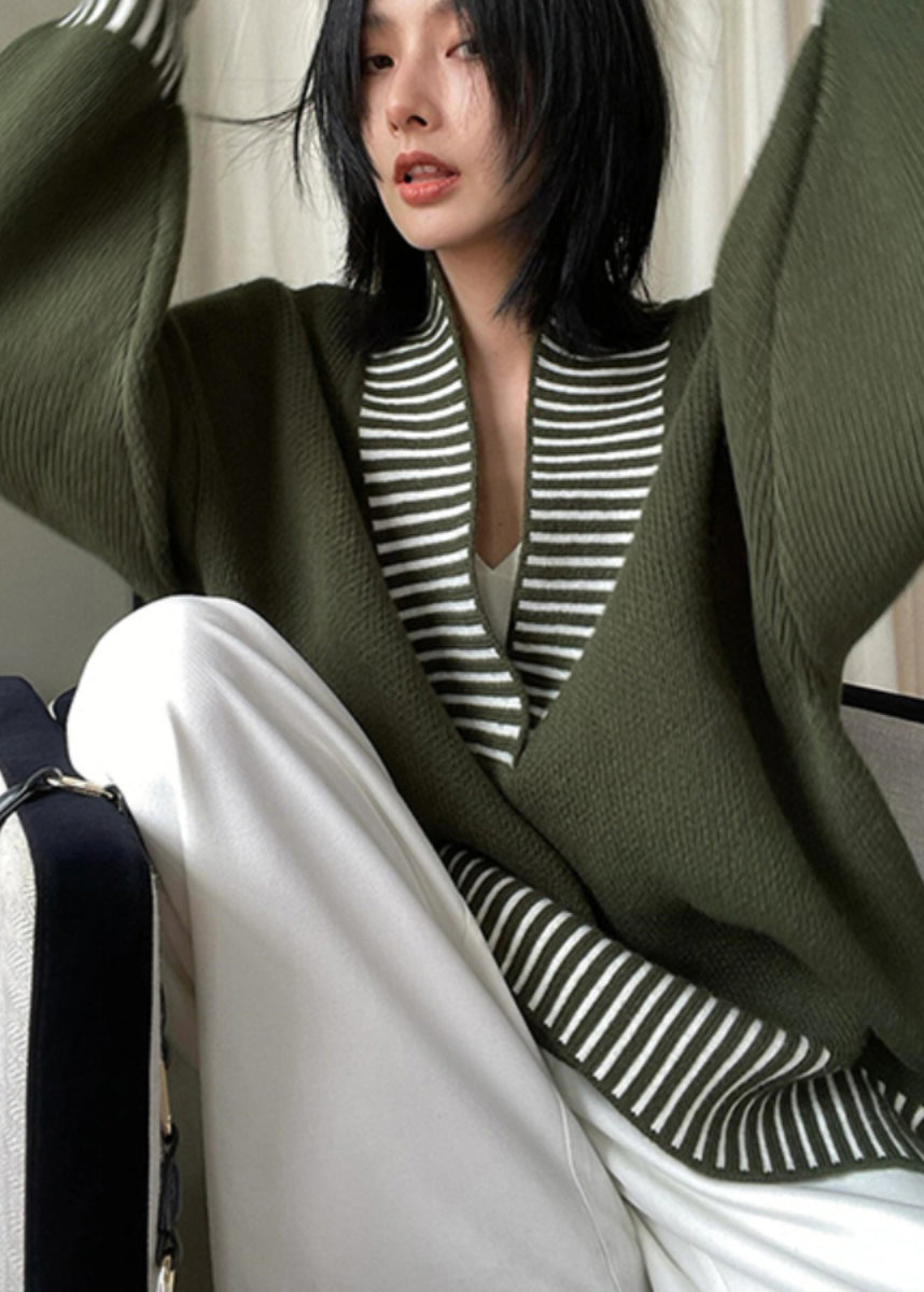 Army Green V Neck Striped Patchwork Knit Sweater Fall