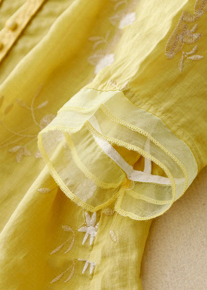 Yellow Stand Collar Embroideried Patchwork Cotton Shirts Bracelet Sleeve