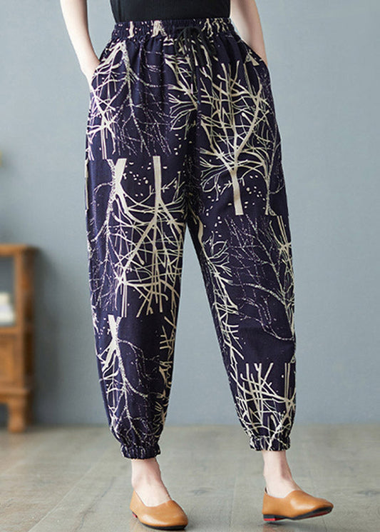 Navy Elastic Waist Print Harem Pants Summer