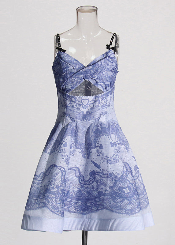 Blue Print Hollow Out Cotton Spaghetti Strap Dress Sleeveless