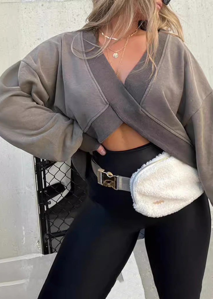Grey V Neck Asymmetrical Cotton Top Fall
