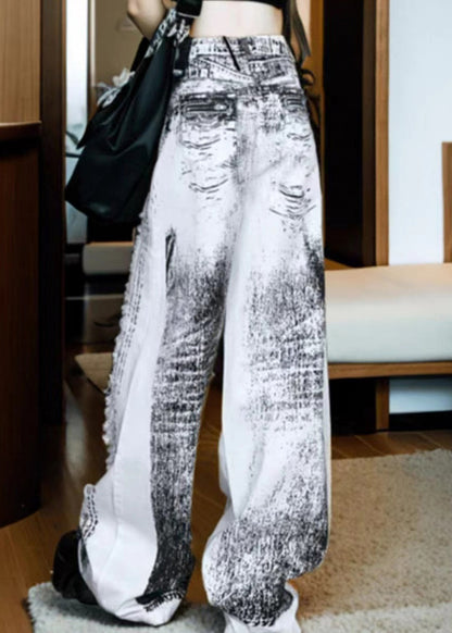 Loose White Tie Dye Pockets Hole Wide Leg Pants