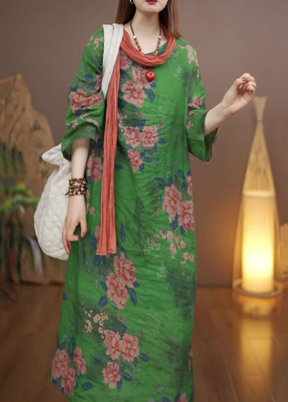 Green O-neck Print Long Dress Fall