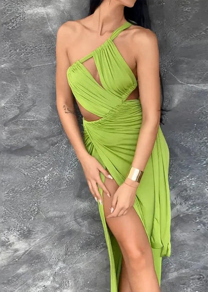 Green Cold Shoulder Hollow Out Side Open Silk Dress Summer