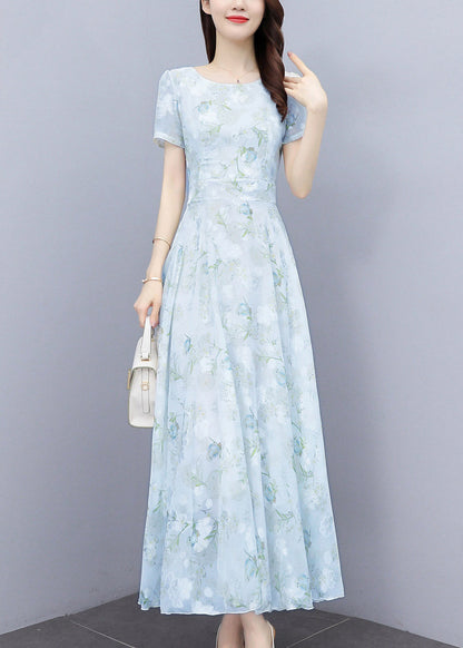 Light Blue Print Silm Fit Chiffon Long Dresses Summer