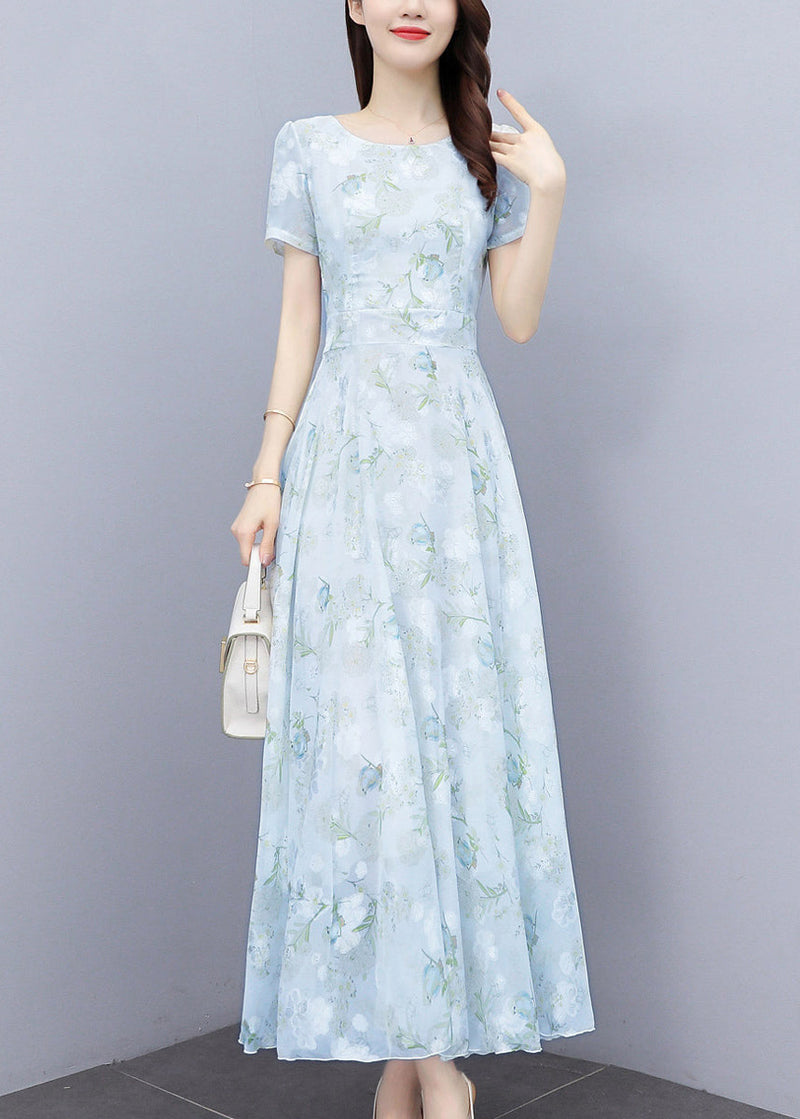 Light Blue Print Silm Fit Chiffon Long Dresses Summer