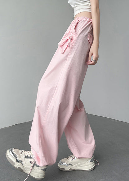 Pink Pockets Drawstring High Waist Cotton Pants Spring