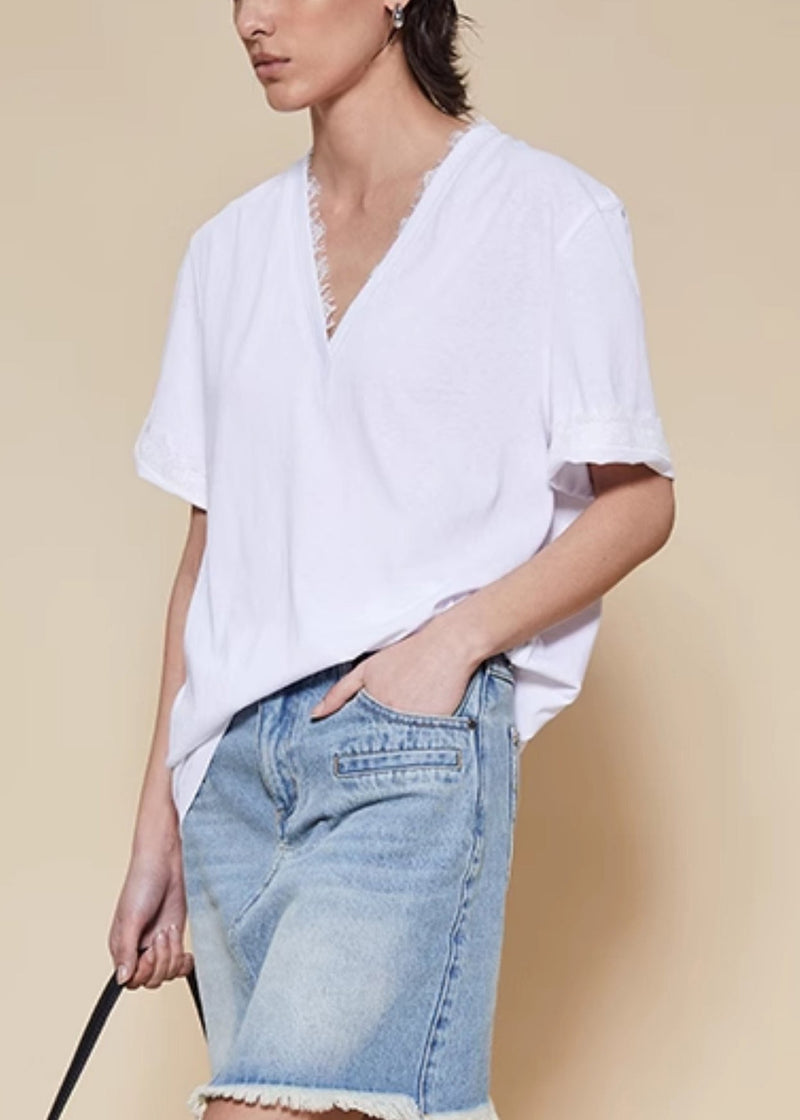 White V Neck Lace Patchwork Cotton T Shirt Summer