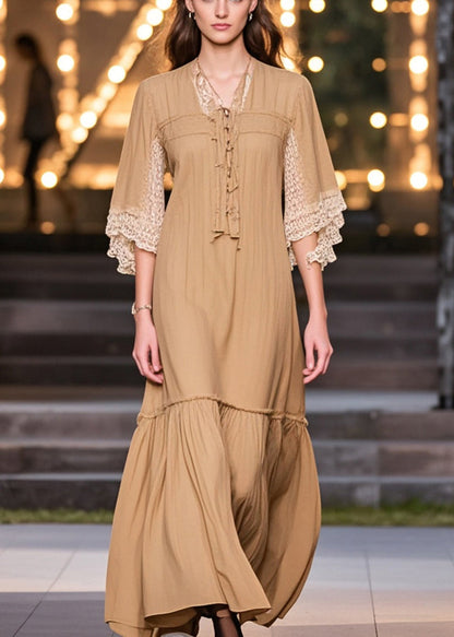 Khaki V Neck Patchwork Lace Cotton Robe Dress Summer