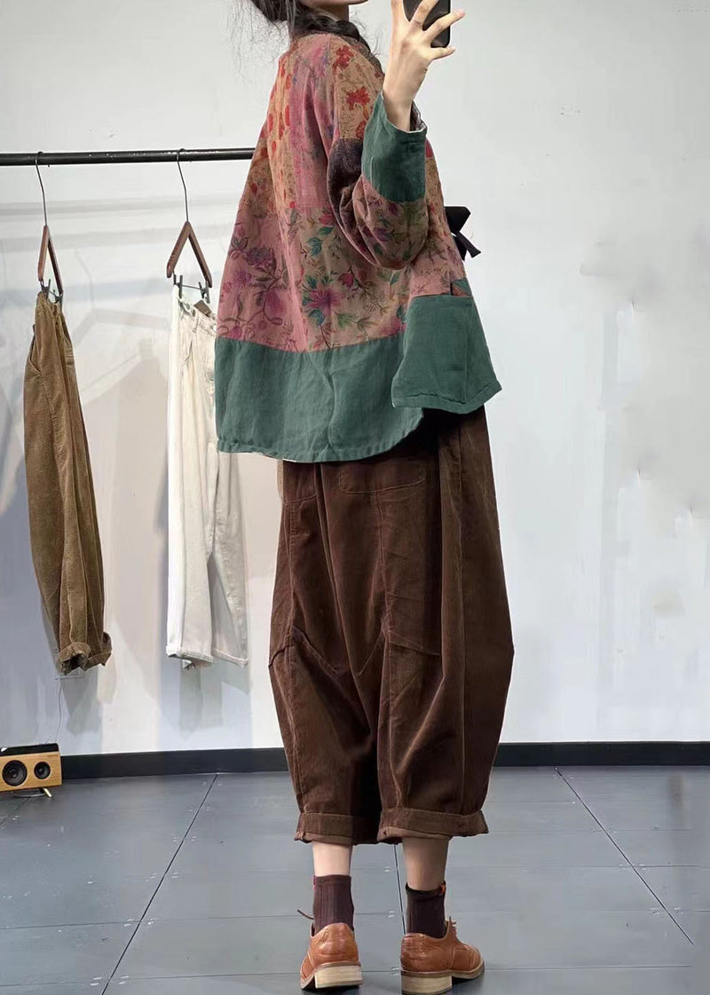 Green Tie Waist Patchwork Print Linen Cardigan Fall