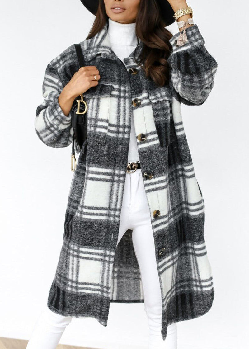 Black Peter Pan Collar Plaid Woolen Shirts Coat Spring