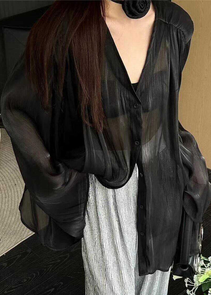 French Black V Neck Button Shirts Tops Long Sleeve