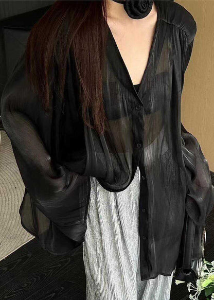 French Black V Neck Button Shirts Tops Long Sleeve