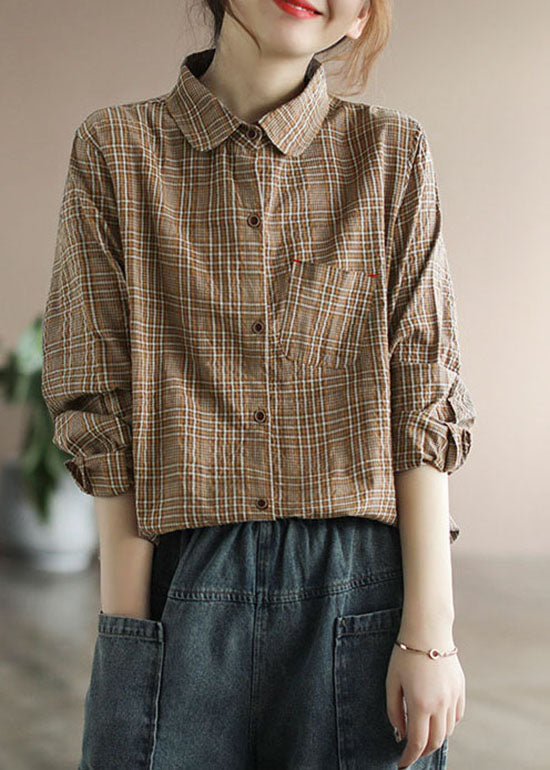 Chocolate Plaid Cotton Shirt Tops Pocket Long Sleeve