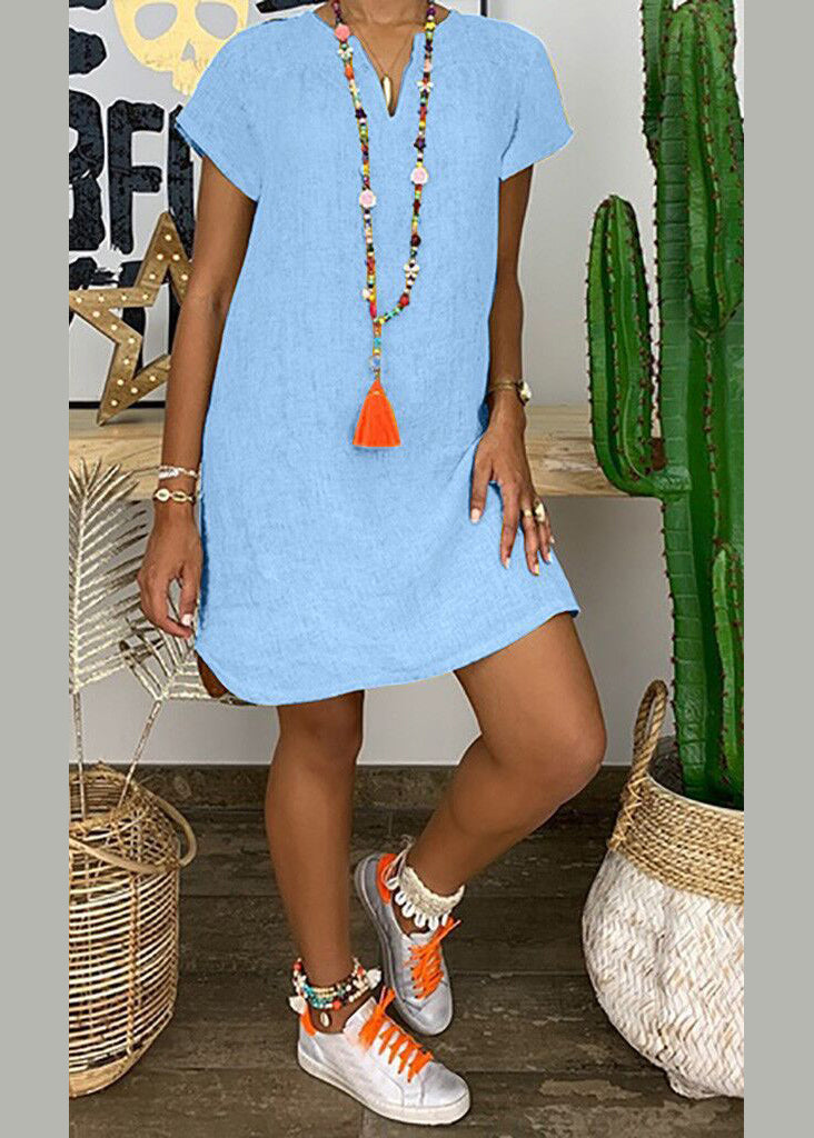 Simple Grey V Neck Loose Cotton Mid Dresses Summer