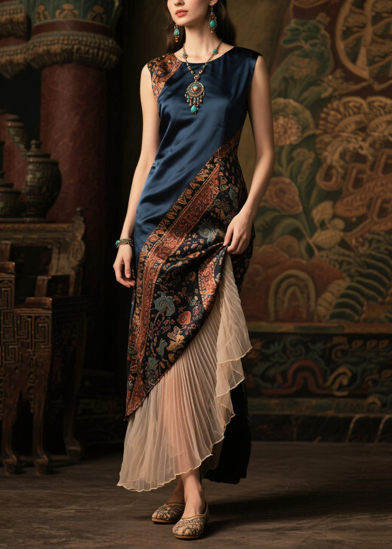 Diy Navy Asymmetrical Patchwork Silk Fake Two Piece Dresses Sleeveless