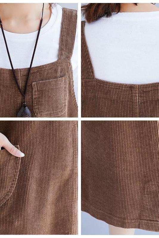 Loose Corduroy Suspender Skirt Outfits