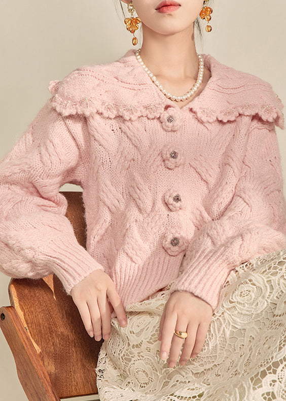 Pink Peter Pan Collar Nail Bead Knit Coat Winter