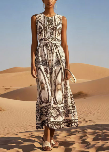 Brown Tie Waist Print Cotton Long Dress Summer
